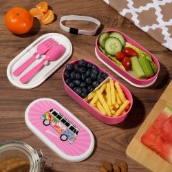 Volkswagen VW T1 Campervan Summer Love Stacked Bento Lunch Box Fork & Spoon - Pink