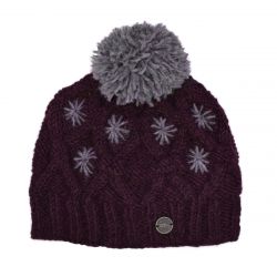 Pure wool - diamond cable bobble hat - Aubergine/mid grey