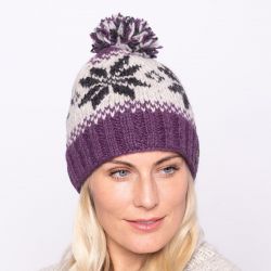 Snowflake bobble hat - pure wool - fleece lining - grape / natural