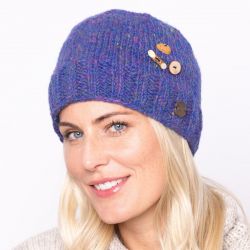 Fruit button beanie - pure wool - fleece lined - blue heather