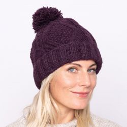 Pure Wool Celtic bobble hat - turn up - aubergine