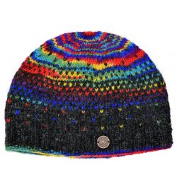 Pure Wool Hand knit - solar tick beanie - charcoal/rainbow