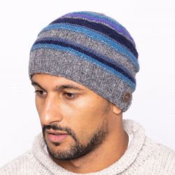 Pure Wool handknit - ridge stripe beanie - blues