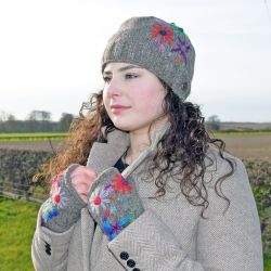 Hand embroidered flower - fleece lined wristwarmer - marl brown