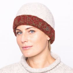 Hand knit pure wool - turn up beanie - spice/khaki-pale grey