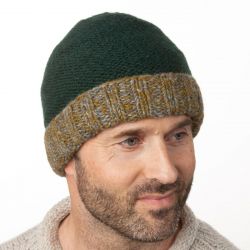 Hand knit pure wool - turn up beanie - pine green