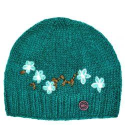 Pure Wool Hand embroidered - petite flower beanie - pacific