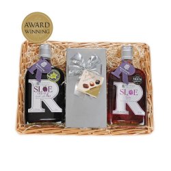Sloe Delight Basket : 35cl Sloe Gin, 35cl Sloe Port  and box of Belgian Chocolates