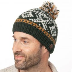 Pure wool - Scandi Bobble Hat - Pine green/Gold