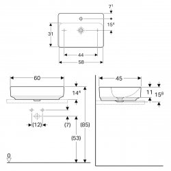 Geberit VariForm 600mm 1 Tap Hole Rectangular Lay-On Countertop Basin - With Overflow