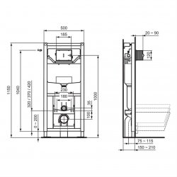 Ideal Standard Prosys 1150mm 3 Adjustable Heights Pneumatic Wall Hung Toilet Frame