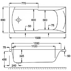 Carron Axis SE 1500 x 700mm Carronite Bath