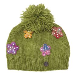Pure wool - felt flower sparkle bobble - Herb Green