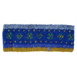 Flower Tick headband - hand knit - blue heather mustard