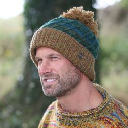 Pure Wool Hand knit - altitude turn up bobble hat - spruce teal gold heather