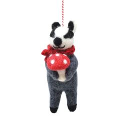 Handmade Christmas - Wool Felt Hanging Decoration - Badger with mushroom