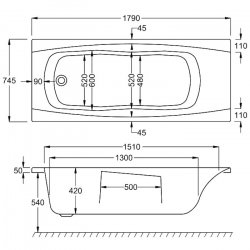 Carron Imperial TG SE 1800 x 750mm Acrylic Bath with Grips