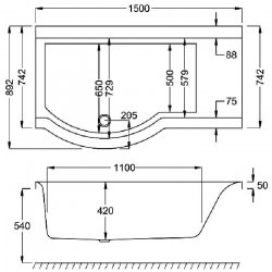 Carron Urban Compact Right Hand 1500 x 750/900mm Carronite Shower Bath