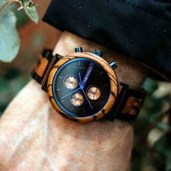 Dahlia Zebrano Wood Blue Mens Watch - Botanica