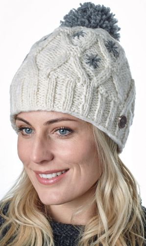 Pure wool - diamond cable bobble hat - White/mid grey