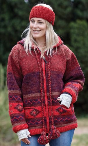 Hand knit - pixie hooded jacket - Reds