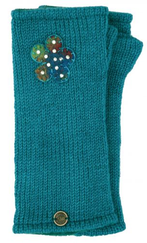 Fleece Lined - Wristwarmers - Sparkle Felt Flower - Turquoise