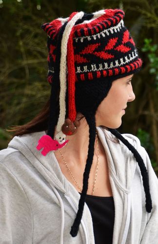 Pure Wool half fleece lined - fancy ear flap hat - Black/White/Red