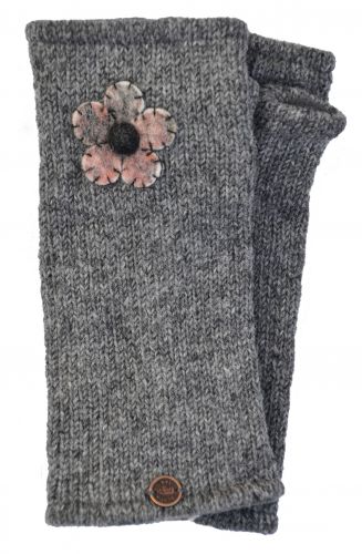 Fleece Lined - Wristwarmers - Felt Flower - Mid Grey