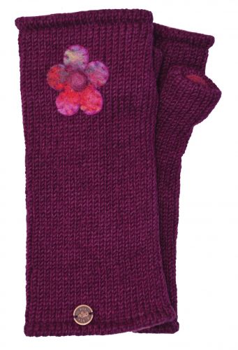 Fleece Lined - Wristwarmers - Felt Flower - Deep Berry