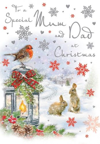Christmas Card - Mum & Dad - Robin Lantern - Glitter - Regal