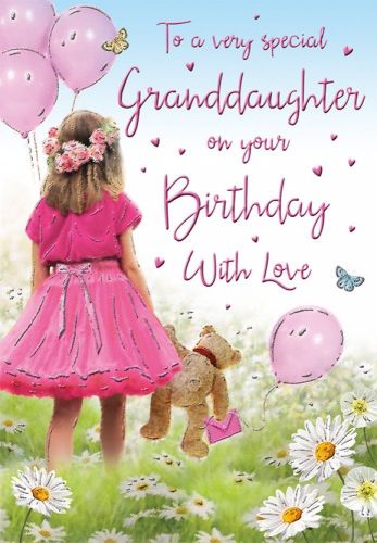 Birthday Card - Very Special Granddaughter - Girl & Teddy Bear - Glitter - Regal