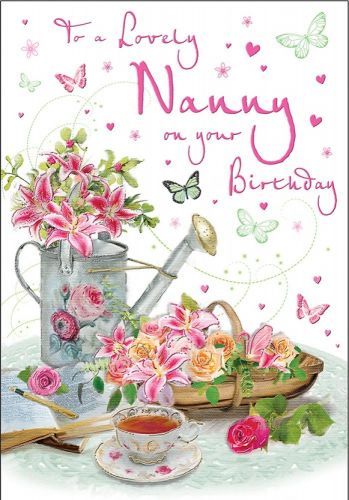 Birthday Card - Nanny - Watering Can Flowers - Glitter - Regal