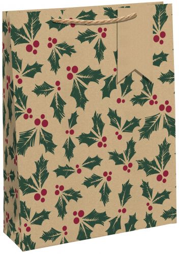 Bulk Buy 6 x Christmas Holly Kraft Medium Gift Bag - 100% Recyclable - Eurowrap