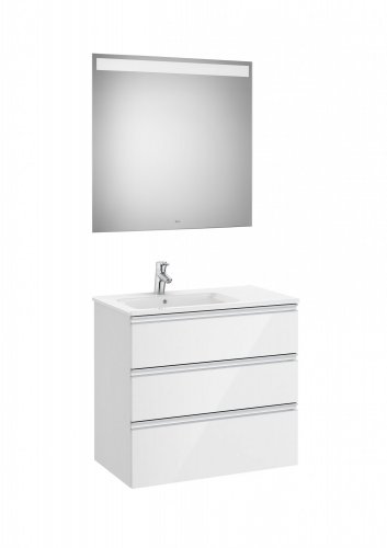 Roca The Gap Gloss White 800mm 3 Drawer Vanity Unit with Left Handed Basin and Eidos LED Mirror