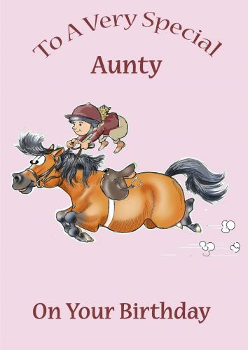 Birthday Card - Aunty - Kid on Shetland Pony Horse - Funny Gift Envy