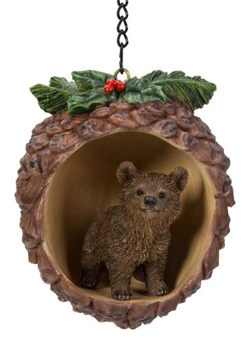 Christmas Brown Bear In Pine Cone Hanging Decoration H7cm - Vivid Arts BG-PC21-G
