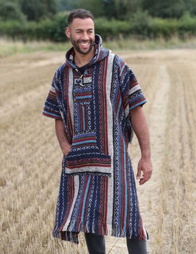 Long - brushed gheri cotton - poncho - Blue/Black