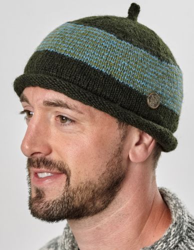 Half fleece lined - pure wool - pippet beanie - Dark green/aqua