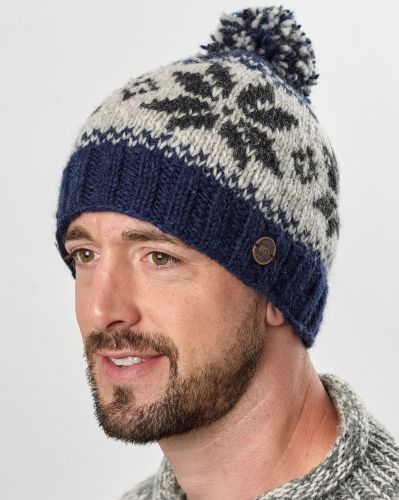 Snowflake bobble hat - pure wool - fleece lining - blue / natural