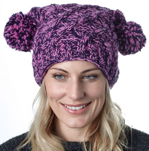 Square cable pom pom hat - hand knitted - pure wool - fleece lining - pink / purple