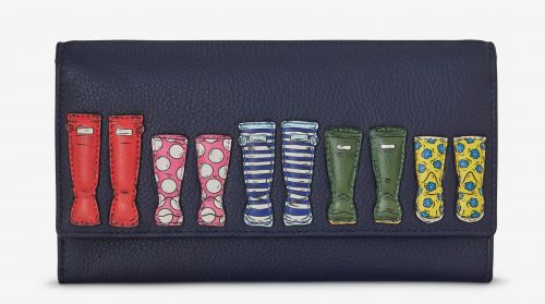 Wellies Rainy Day Ladies Leather Purse Flap Over Blue - Yoshi