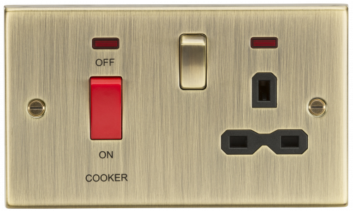 Knightsbridge 45A DP Cooker Switch & 13A Switched Socket with Neons & Black Insert - Square Edge Antique Brass - (CS83AB)