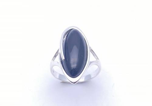 Silver Oval Black Whitby Jet Ring Size P
