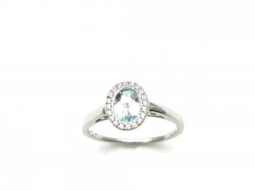 Silver Oval Aquamarine & CZ Cluster Ring