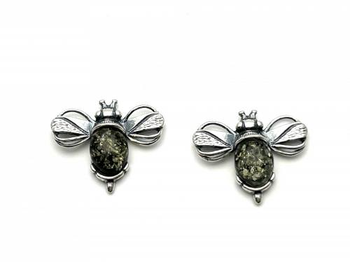 Silver Green Amber Bee Stud Earrings 17x15mm