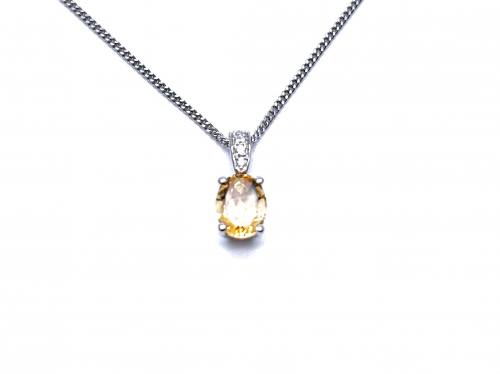 Silver Citrine & CZ Oval Pendant & Chain