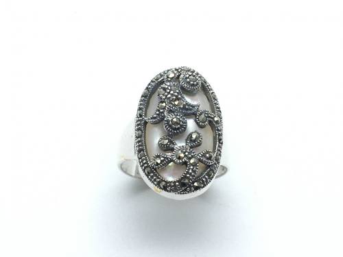 Silver Mother of Pearl and Marcasite Oval Ring