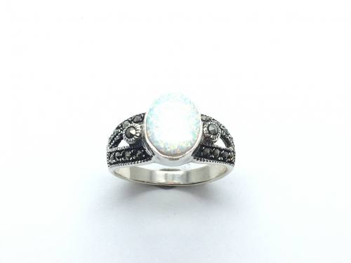 Silver Created Opal and Marcasite Ring