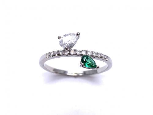 Silver Clear & Green CZ Pear Shaped 2 Stone Ring