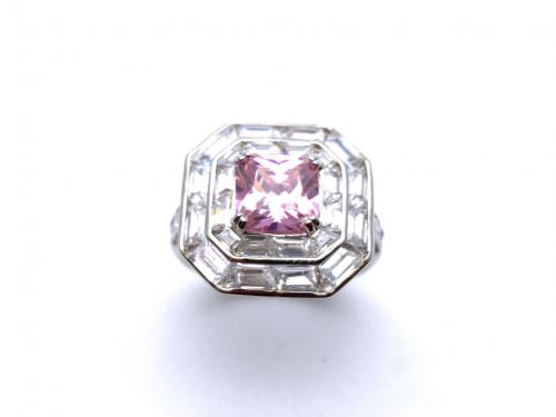 Silver Pink & Clear CZ Cluster Ring